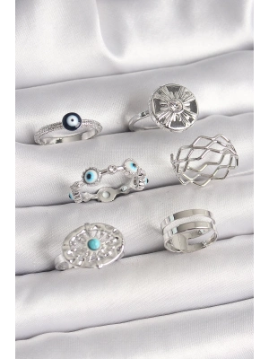 ® Pirinç Gümüş Renk Nazar Boncuk Zirkon Taş Detaylı Dalga Figür Kadın Yüzük Kombini