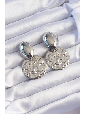 ® Pirinç Gümüş Renk Oval Ezme Plaka Küpe