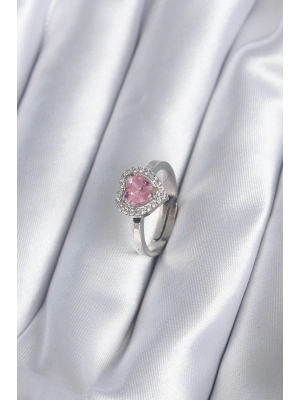 ® Pirinç Gümüş Renk Pembe Zirkon Taşlı Charm Model Kadın Yüzük