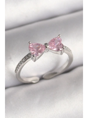 ® Pirinç Gümüş Renk Pembe Zirkon Taşlı Kalp Fiyonk Model Kadın Yüzük