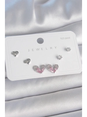 ® Pirinç Gümüş Renk Pembe Zirkon Taşlı Kalp Model 925 Ayar Gümüş Çivi Kadın Küpe Seti
