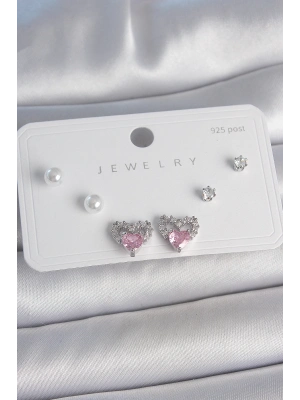 ® Pirinç Gümüş Renk Pembe Zirkon Taşlı Kalp Model İnci Detay 925 Ayar Gümüş Çivi Kadın Küpe Seti