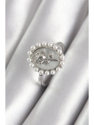 ® Pirinç Gümüş Renk Portre Gül Model İnci Detay Kadın Yüzük