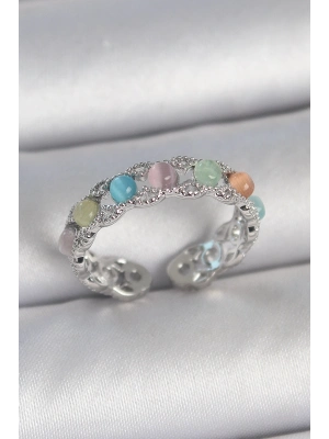 ® Pirinç Gümüş Renk Renkli Mineli Ayarlanabilir Kadın Yüzük