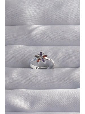 ® Pirinç Gümüş Renk Renkli Zirkon Taşlı Ayarlamalı Yüzük