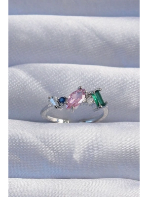 ® Pirinç Gümüş Renk Renkli Zirkon Taşlı Ayarlanabilir Yüzük