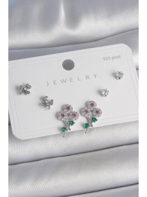 ® Pirinç Gümüş Renk Renkli Zirkon Taşlı Çiçek Model Yaprak Detay 925 Ayar Gümüş Çivi Kadın Küpe Seti