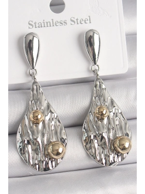 ® Pirinç Gümüş Renk Sallantı Damla Model Gold Topçuk Detay Kadın Küpe