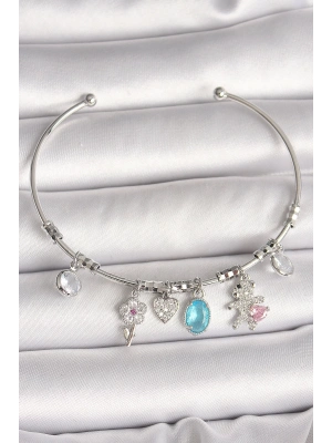 ® Pirinç Gümüş Renk Sallantı Zirkon Taşlı Ayıcık Figür Çiçek Detay Charm Kadın Bileklik