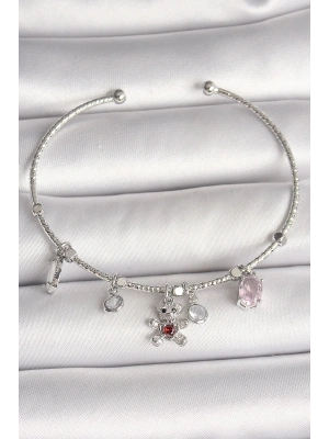 ® Pirinç Gümüş Renk Sallantı Zirkon Taşlı Ayıcık Figür Kırmızı Taş Detay Charm Kadın Bileklik