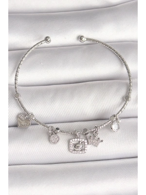 ® Pirinç Gümüş Renk Sallantı Zirkon Taşlı Ayıcık Figür Taç Detay Charm Kadın Bileklik