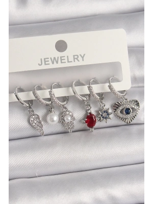 ® Pirinç Gümüş Renk Sallantı Zirkon Taşlı Fatma Ana El Figür Kadın Küpe Seti