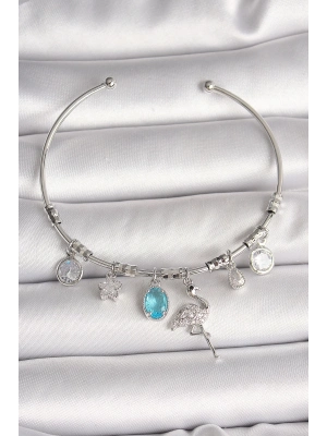 ® Pirinç Gümüş Renk Sallantı Zirkon Taşlı Filaminga Figür Charm Kadın Bileklik