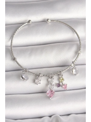 ® Pirinç Gümüş Renk Sallantı Zirkon Taşlı Kalp Figür Charm Kadın Bileklik