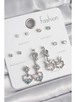 ® Pirinç Gümüş Renk Sallantı Zirkon Taşlı Kalp Model Düğüm Detay 7 Çift Kadın Küpe Seti