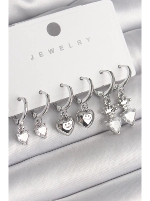 ® Pirinç Gümüş Renk Sallantı Zirkon Taşlı Kalp Model Taç Detay Kadın Küpe Seti