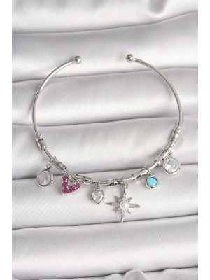 ® Pirinç Gümüş Renk Sallantı Zirkon Taşlı Kutup Yıldız Figür Kalp Detay Charm Kadın Bileklik