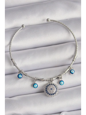 ® Pirinç Gümüş Renk Sallantı Zirkon Taşlı Nazar Boncuk Figür Charm Bileklik