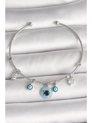 ® Pirinç Gümüş Renk Sallantı Zirkon Taşlı Nazar Boncuk Figür Charm Kadın Bileklik