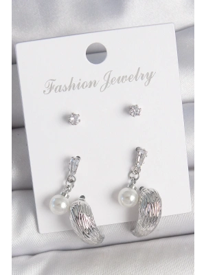 ® Pirinç Gümüş Renk Sallantılı Zirkon Taşlı Damla Model 3 Çift Kadın Küpe Seti