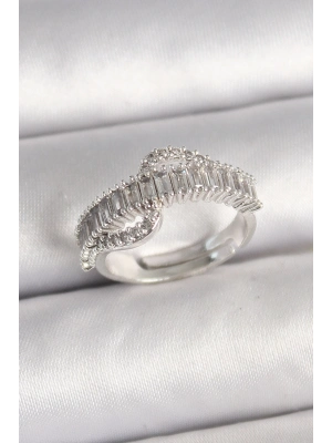 ® Pirinç Gümüş Renk Su Yolu Zirkon Taşlı Ayarlanabilir Model Kadın Yüzük