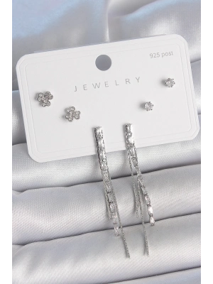 ® Pirinç Gümüş Renk Su Yolu Zirkon Taşlı Sallantı Model Çiçek Detay 925 Ayar Gümüş Çivi Kadın Küpe Seti