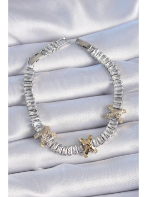 ® Pirinç Gümüş Renk Taşlı Su Yolu Model VİP Seri Kadın Bileklik