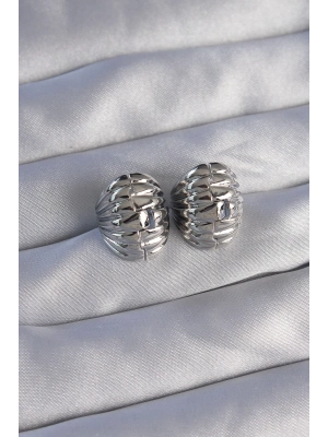 ® Pirinç Gümüş Renk Tırtıklı Minimal Bombeli Tasarım Küpe