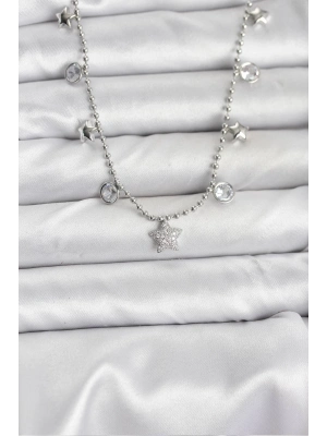 ® Pirinç Gümüş Renk Yıldız Model Kadın Kolye