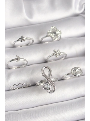 ® Pirinç Gümüş Renk Yonca Figür Sonsuzluk Zirkon Taşlı Kalp Detay Kadın Yüzük Kombini