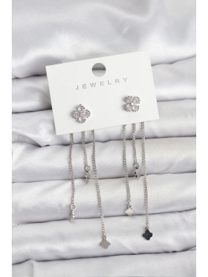 ® Pirinç Gümüş Renk Yonca Model Sallantılı Kadın Küpe