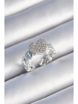 ® Pirinç Gümüş Renk Zincir Kordon Zirkon Taşlı Kalp Model Kadın Yüzük