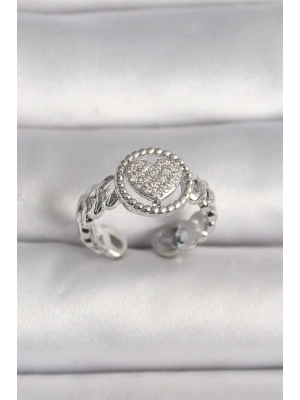 ® Pirinç Gümüş Renk Zincir Model Zirkon Taşlı Kalp Model Kadın Yüzük