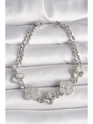 ® Pirinç Gümüş Renk Zincir Yonca Model Kadın Bileklik