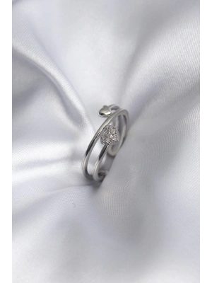 ® Pirinç Gümüş Renk Zirkon Taş Detay Kalp Model Kadın Yüzük