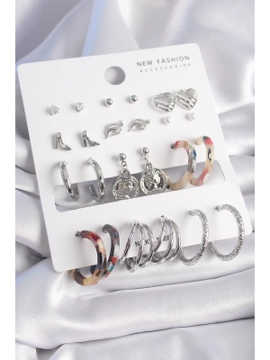 ® Pirinç Gümüş Renk Zirkon Taş Detaylı 12 Çift Kadın Küpe