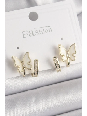 ® Pirinç Gümüş Renk Zirkon Taş Detaylı Beyaz Sedefli Kelebek Model Kadın Küpe