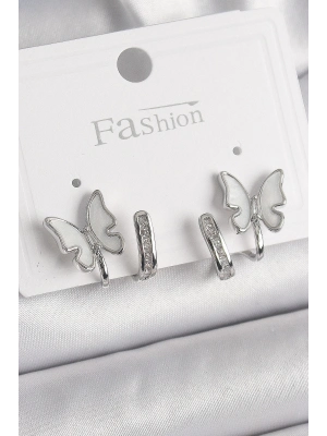 ® Pirinç Gümüş Renk Zirkon Taş Detaylı Beyaz Sedefli Kelebek Model Kadın Küpe