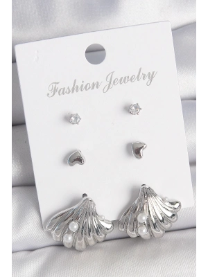 ® Pirinç Gümüş Renk Zirkon Taş Detaylı İnci Detaylı Deniz Kabuğu Model 3 Çift Kadın Küpe