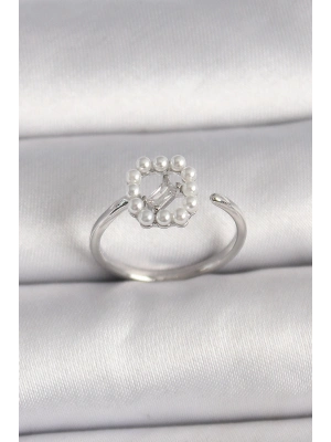 ® Pirinç Gümüş Renk Zirkon Taş Detaylı İncili Ayarlanabilir Yüzük