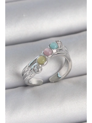 ® Pirinç Gümüş Renk Zirkon Taş Detaylı Renkli Mineli Ayarlanabilir Kadın Yüzük