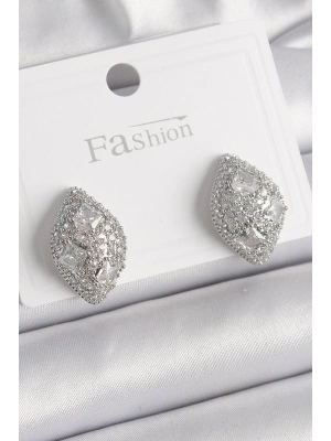 ® Pirinç Gümüş Renk Zirkon Taş İşlemeli Damla Model Kadın Küpe