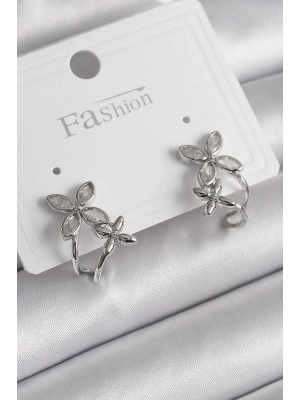 ® Pirinç Gümüş Renk Zirkon Taşlı 2Li Çiçek Model Kadın Küpe