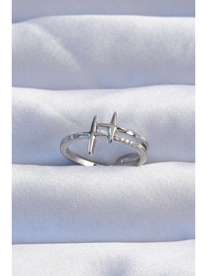 ® Pirinç Gümüş Renk Zirkon Taşlı 2li Görünüm Ayarlanabilir Yıldız Model Yüzük