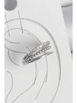 ® Pirinç Gümüş Renk Zirkon Taşlı 3Lü Sıralı Model Kadın Kıkırdak Küpe