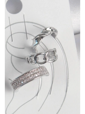 ® Pirinç Gümüş Renk Zirkon Taşlı 3Lü Zincir Sarmal Model Kadın Kıkırdak Küpe