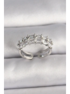 ® Pirinç Gümüş Renk Zirkon Taşlı Ayarlanabilir Yüzük