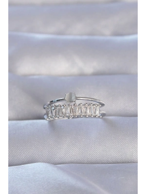 ® Pirinç Gümüş Renk Zirkon Taşlı Baget Su Yolu Model Ayarlanabilir Yüzük