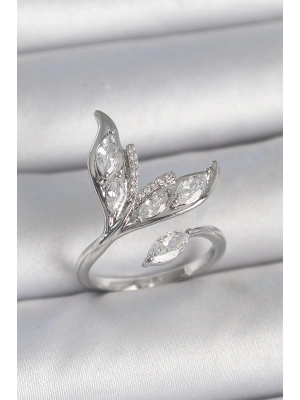 ® Pirinç Gümüş Renk Zirkon Taşlı Balık Kuyruğu Model Ayarlanabilir Kadın Yüzük