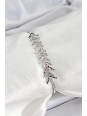 ® Pirinç Gümüş Renk Zirkon Taşlı Balık Sırtı Kadın Bileklik